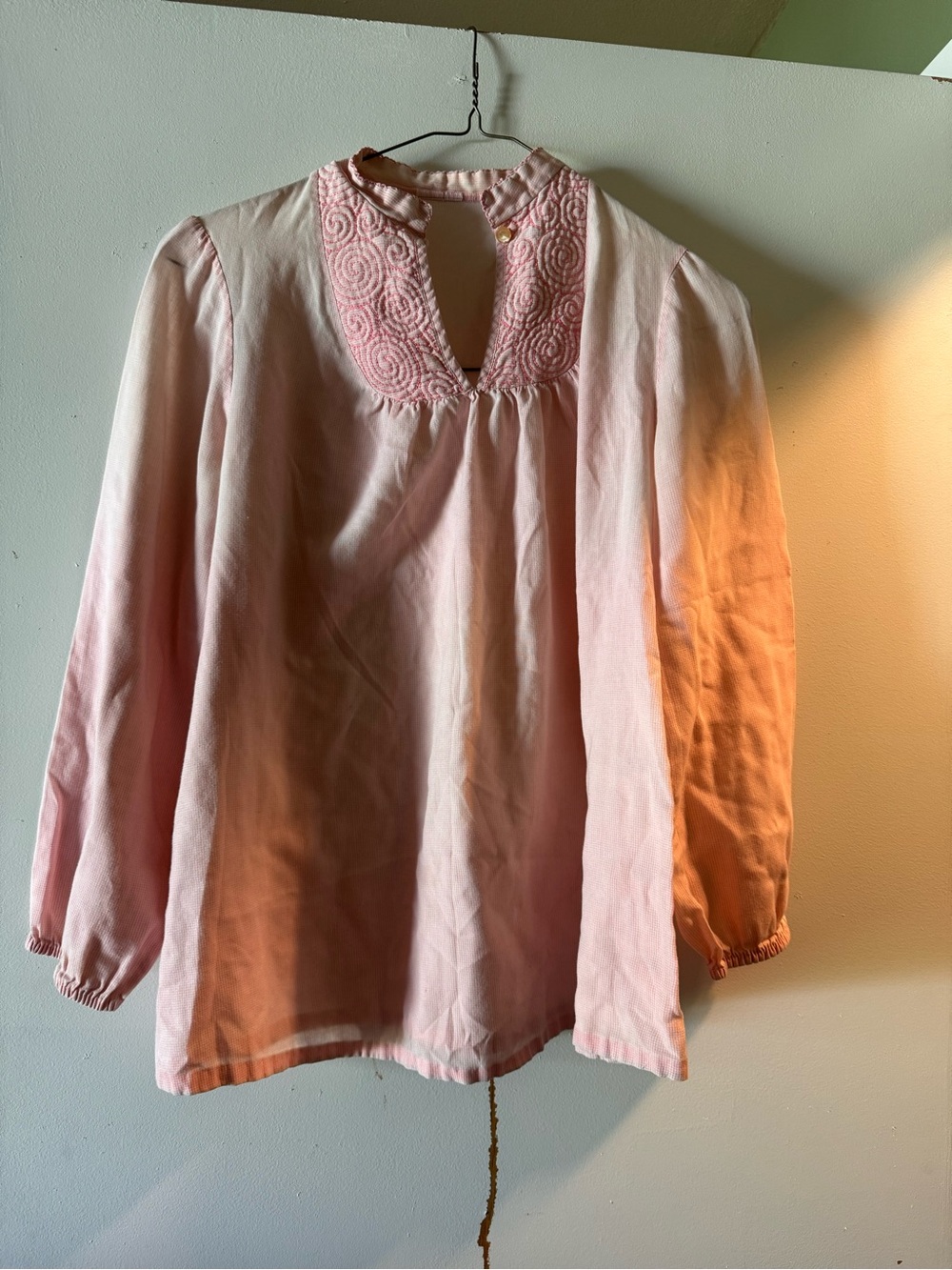 Delicate Pink Embroidered Yoke Long-Sleeve Blouse